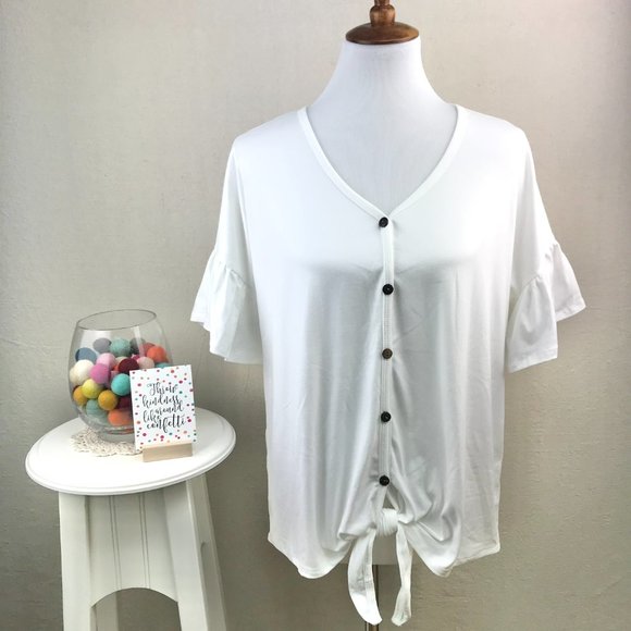 Reborn J White Button Up Tie Front Ruffle Short Sleeve Top - Picture 3 of 14